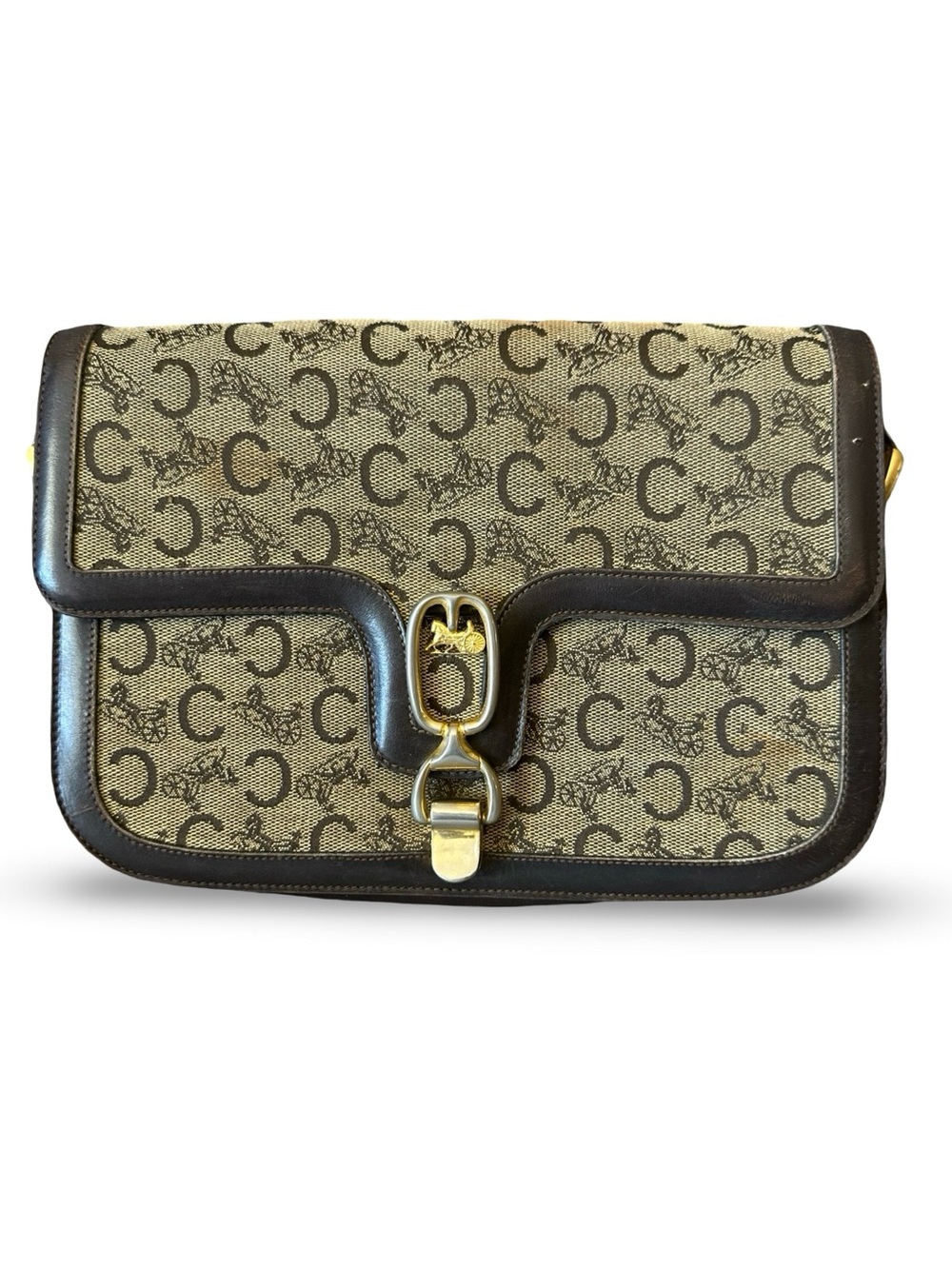 CELINE C Macadam Horse Carriage Flap Shoulder Bag Brown Canvas (Read Description